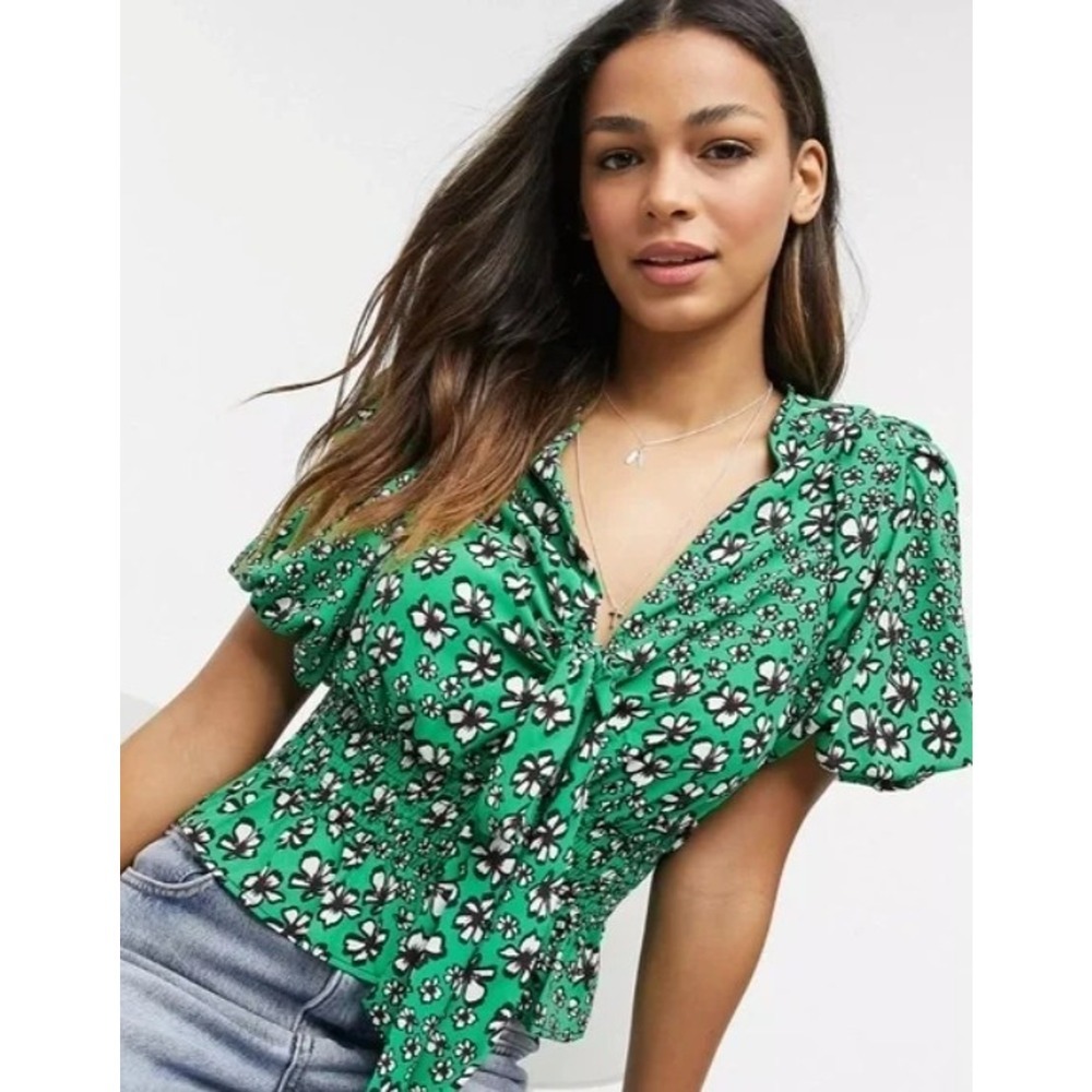 Y2K Green Babydoll Top 2 Boho‎ Rosette Floral Smocked Balloon Sleeves Topshop